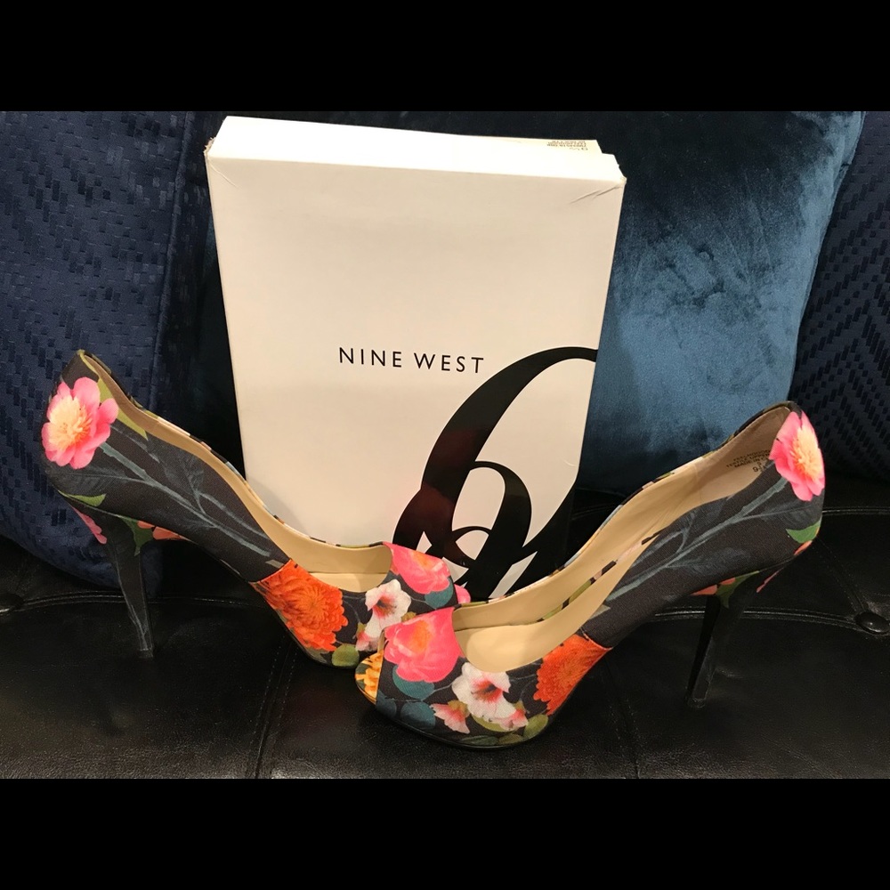Nine West Floral Peep Toe Heels 9 1/2